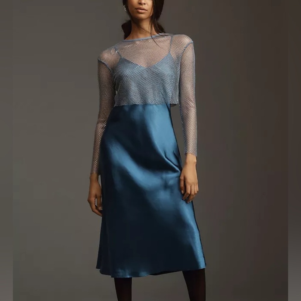 NWT Anthropologie Dolan Mesh Slip Twofer Midi Dress Blue/Silver. Size XS